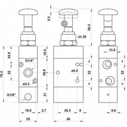 Ventil 3/2,actionare prin tragere,filet G1/4, revenire pneumatica