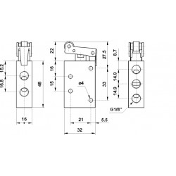 Ventil 5/2 levier rola,16 mm, filet G1/8, revenire arc