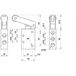Ventil 5/2 levier rola lung,16 mm, filet G1/8,revenire arc
