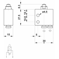 Microventil 3/2 NC - 304 MA push-in tub  Ø4 cu tija