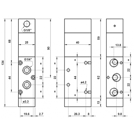 Valva pneumatica 5/2 - 522 MCS presiune de actionare 0.6 Bar, revenire cu arc