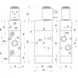 Electroventil 3/2, monostabil, actionat electric cu 1 bobina, revenire arc