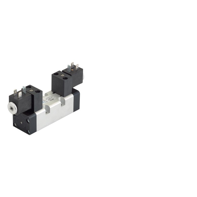 Electroventil 5/2, Bistabil, actionat electric cu 2 bobine, revenire elector-pneumatica