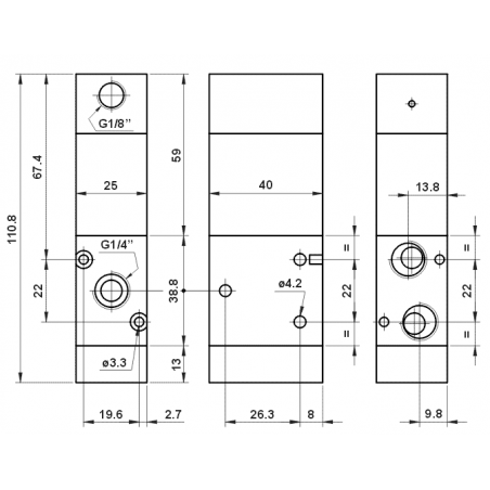 Ventil 3/2, bistabil, actionat pneumatic, revenire arc, presiune actionare 0.6bar