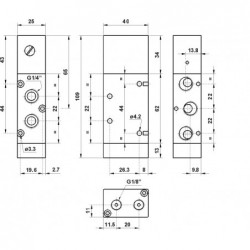 Ventil 5/2, actionat pneumatic cu element logic SAU integrat, revenire cu arc